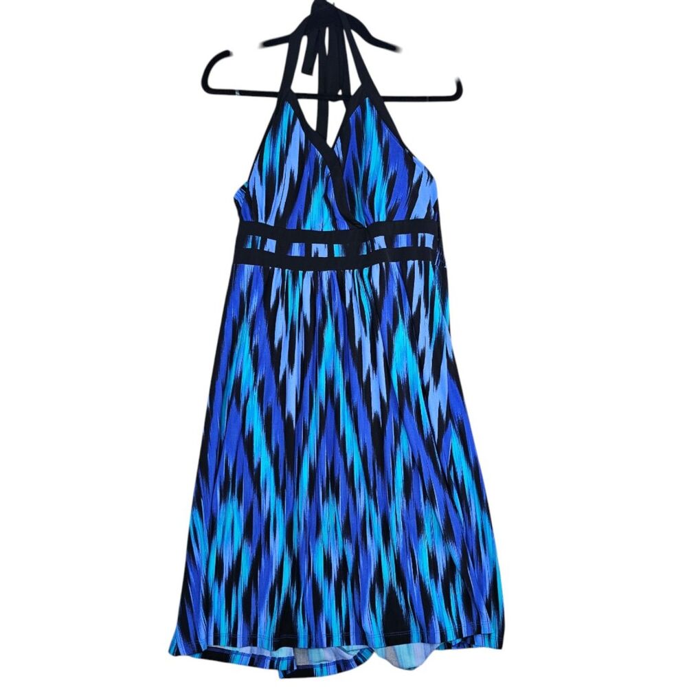 APT 9 Ikat Halter Dress XL Blue Black Backless Stretch Knee Length